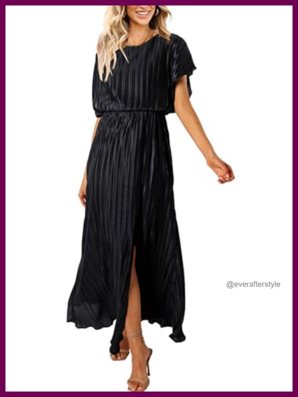 Womens Pleated Maxi Dress Short Sleeve Formal Evening Gown with Slit